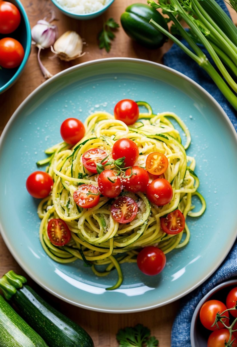 A colorful plate of zucchini pasta topped with cherry tomatoes, surrounded by fresh ingredients and cooking utensils