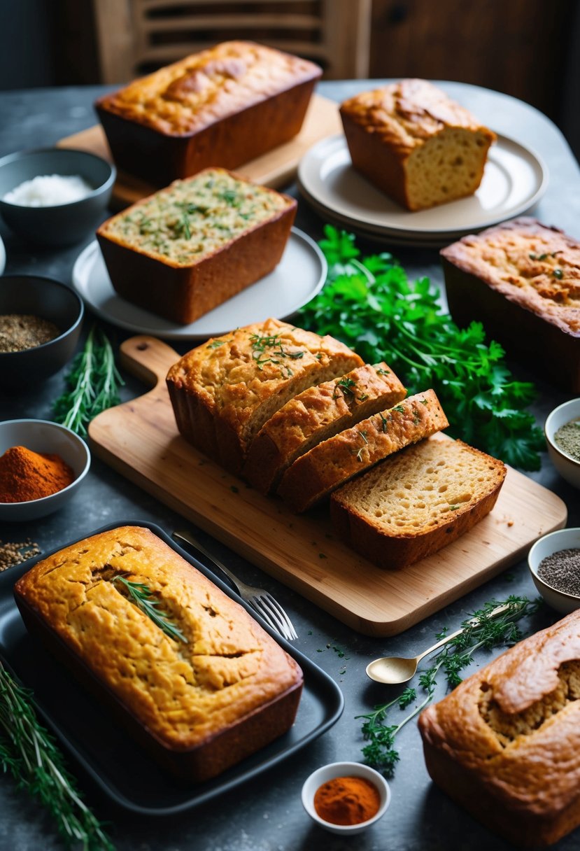 A table set with various savory loaf recipes, surrounded by fresh herbs and spices