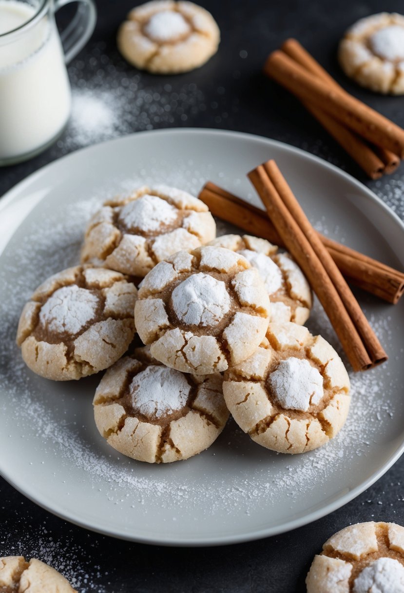 A plate of snickerdoodle crinkle cookies surrounded by cinnamon sticks and a sprinkle of powdered sugar