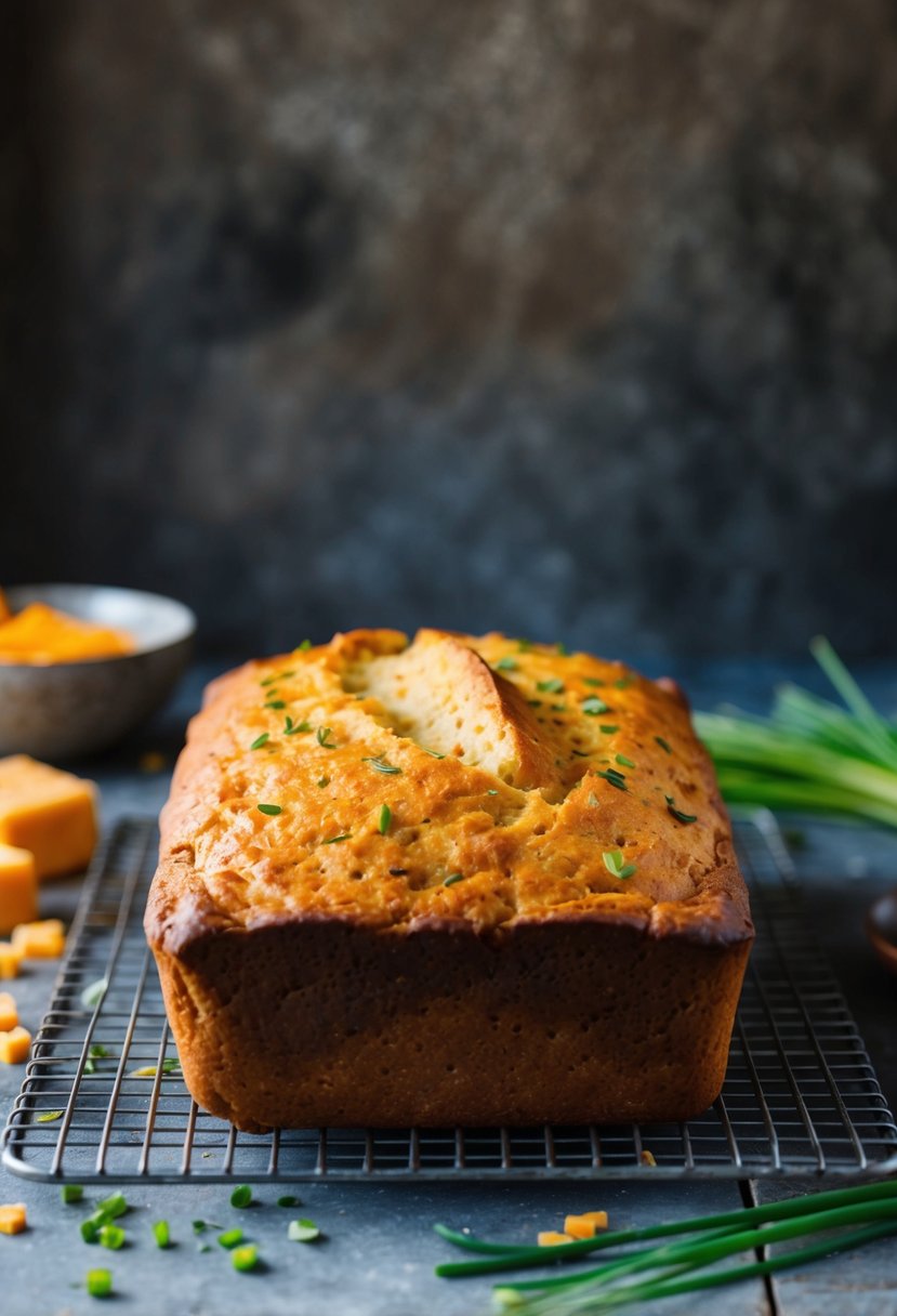 A rustic kitchen counter with a freshly baked cheddar and chive savory bread loaf cooling on a wire rack, surrounded by scattered ingredients