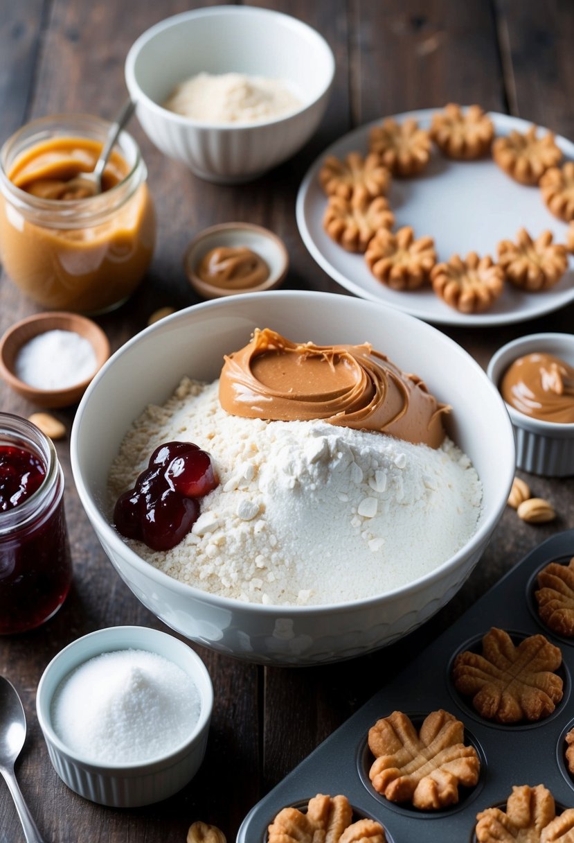 A mixing bowl filled with flour, sugar, and peanut butter, surrounded by a jar of jam and a tray of freshly baked peanut butter blossoms