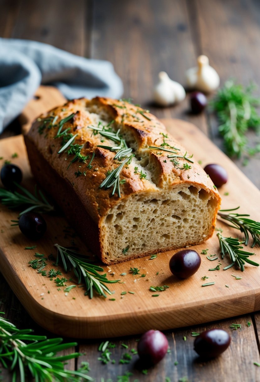 A rustic loaf of rosemary garlic olive bread sits on a wooden cutting board, surrounded by scattered herbs and olives