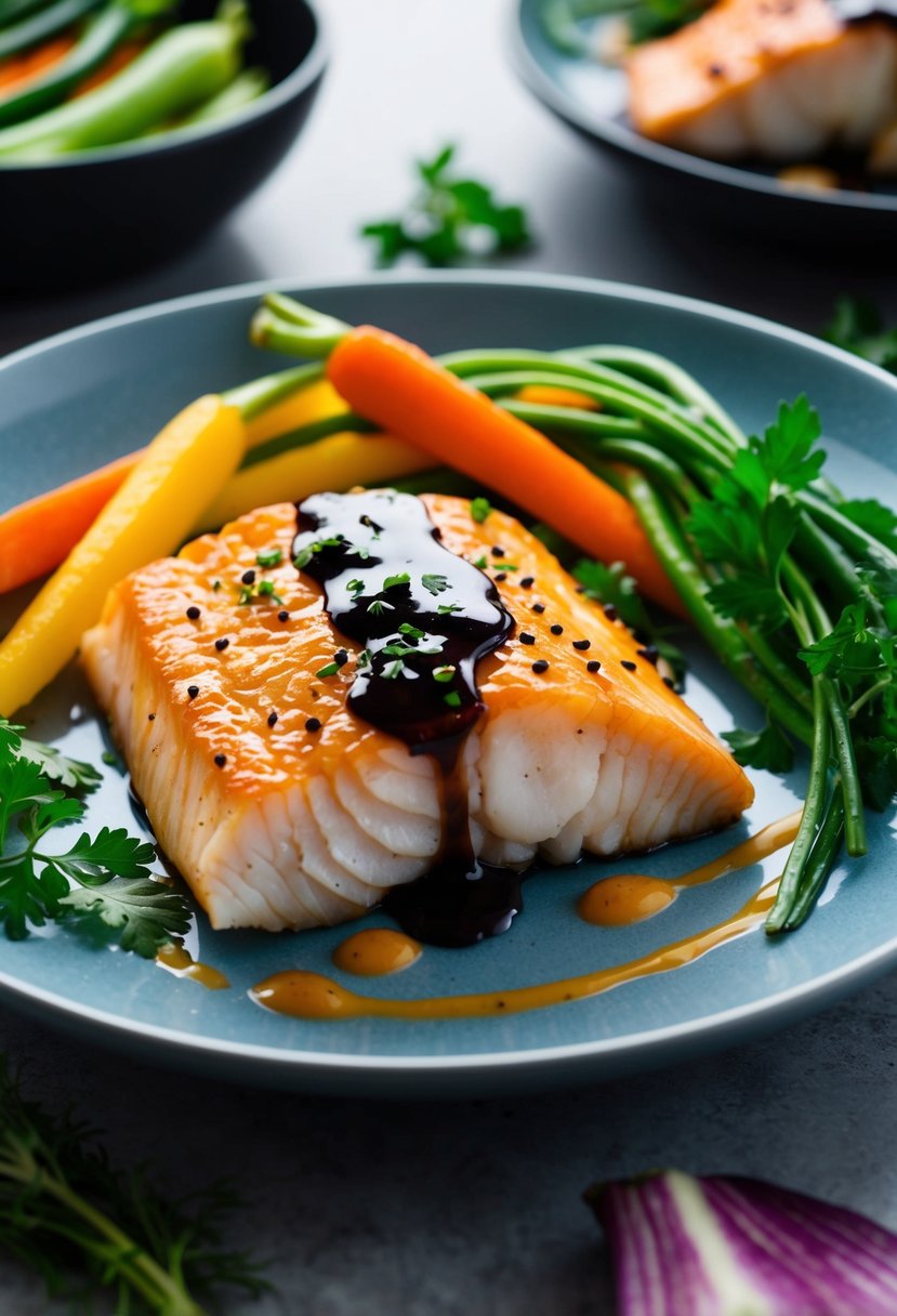 A piece of Miso Glazed Cod on a plate surrounded by colorful vegetables and herbs, with a drizzle of sauce