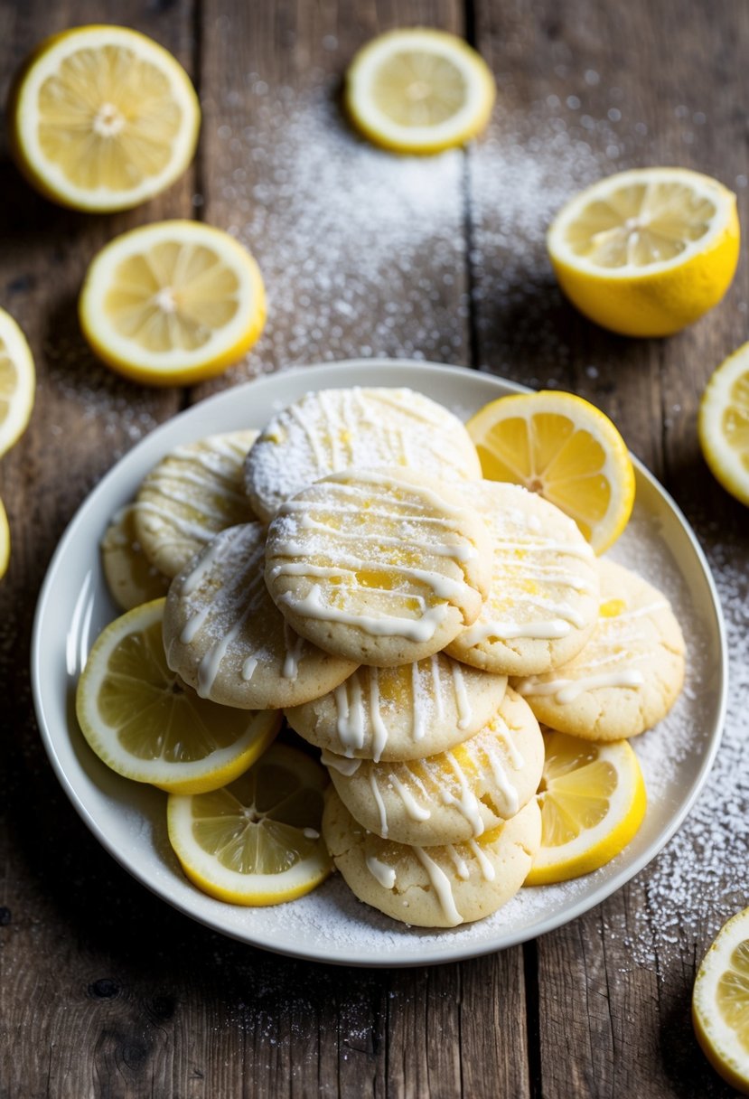 A plate of Lemon Drizzle Cookies surrounded by fresh lemon slices and a sprinkle of powdered sugar on a rustic wooden table