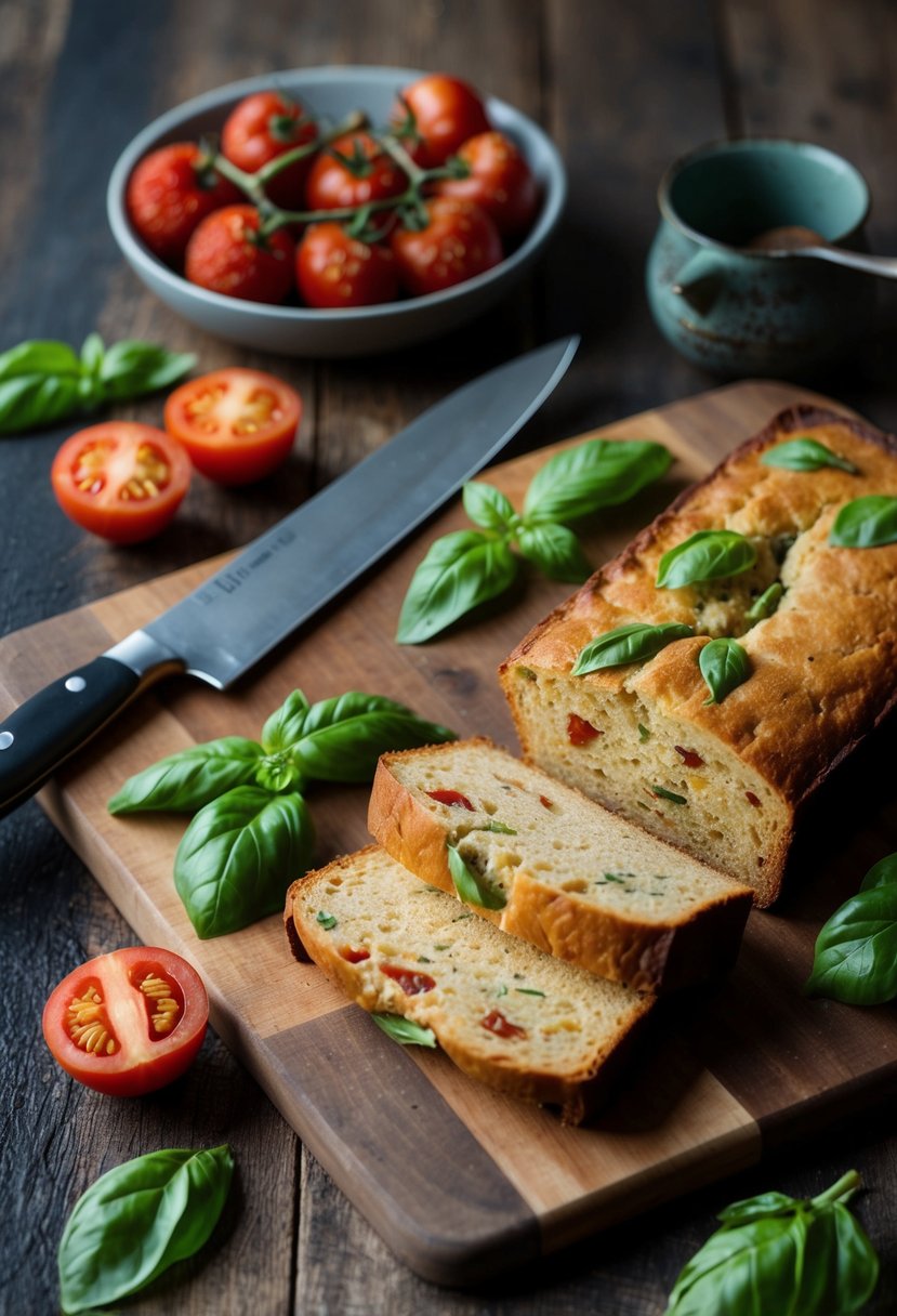 A rustic kitchen scene with a cutting board, knife, sun-dried tomatoes, basil, and a freshly baked loaf of tomato basil bread