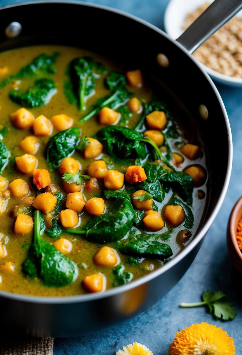 A simmering pot of chickpea spinach curry with colorful ingredients and aromatic spices