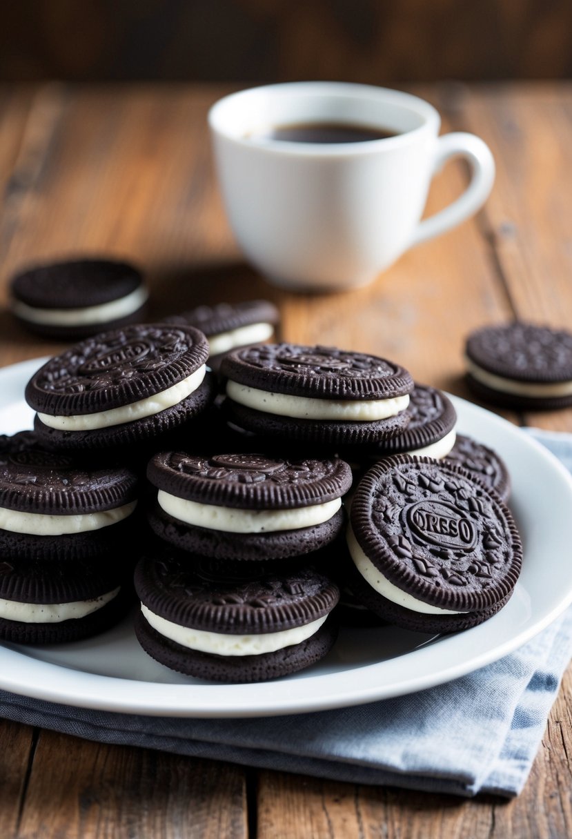 A plate of freshly baked Oreo-stuffed chocolate cookies on a rustic wooden table