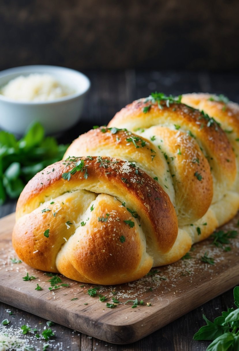 A golden-brown Parmesan herb twist bread loaf, sprinkled with fresh herbs and grated cheese, sits on a rustic wooden cutting board