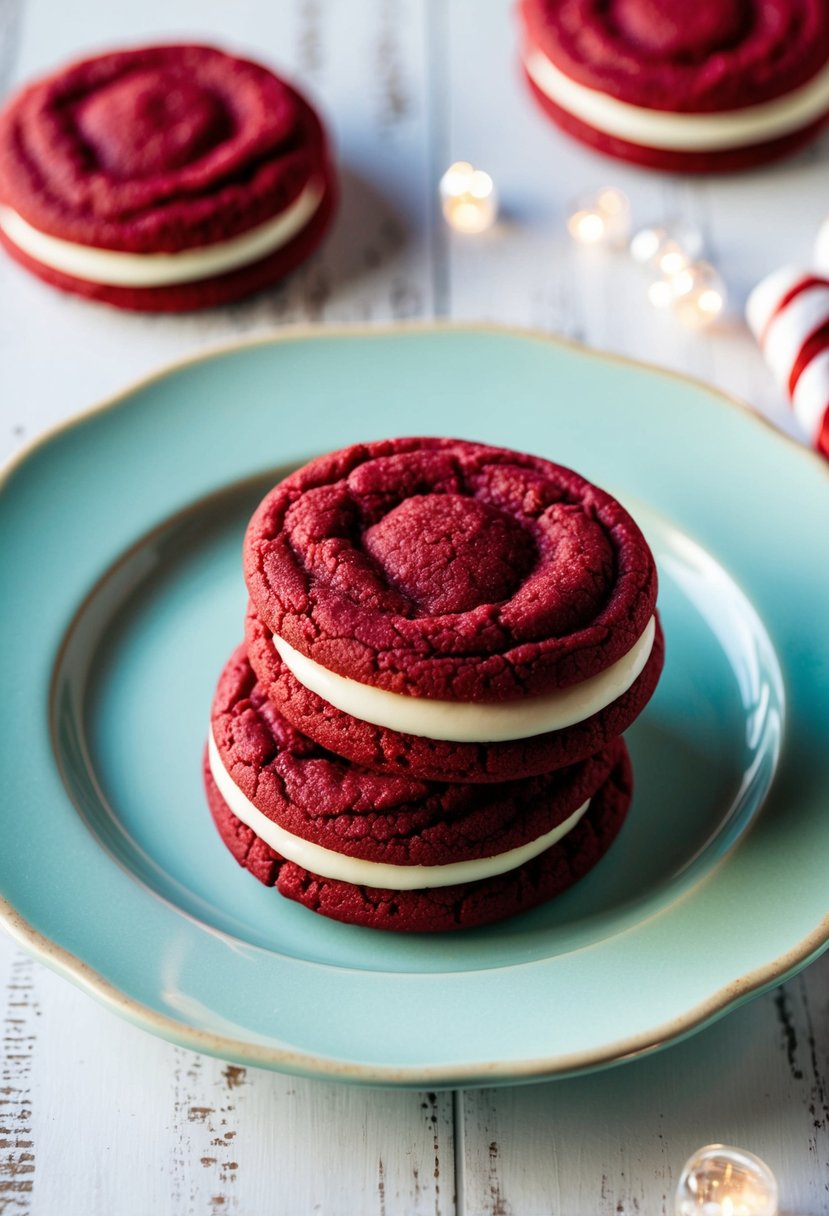 Two red velvet cookies with creamy filling, arranged on a pastel plate