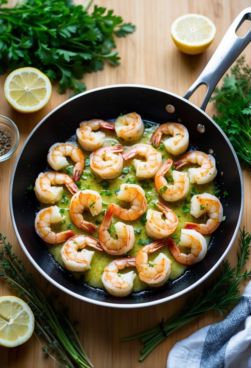 A sizzling skillet of garlic butter shrimp surrounded by fresh herbs and lemon slices