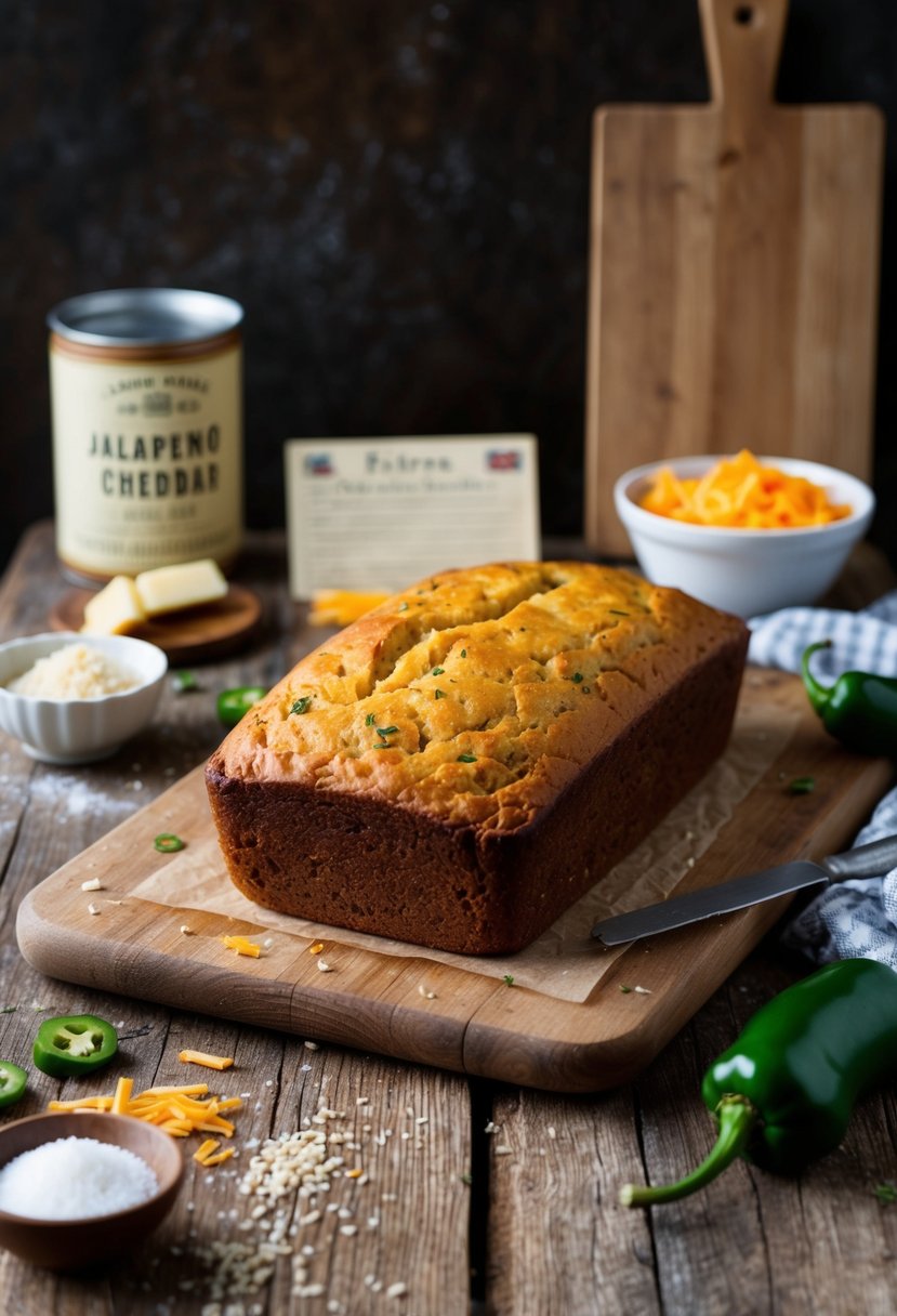 A rustic kitchen scene with a freshly baked jalapeño cheddar bread loaf cooling on a wooden cutting board, surrounded by scattered ingredients and a vintage recipe card