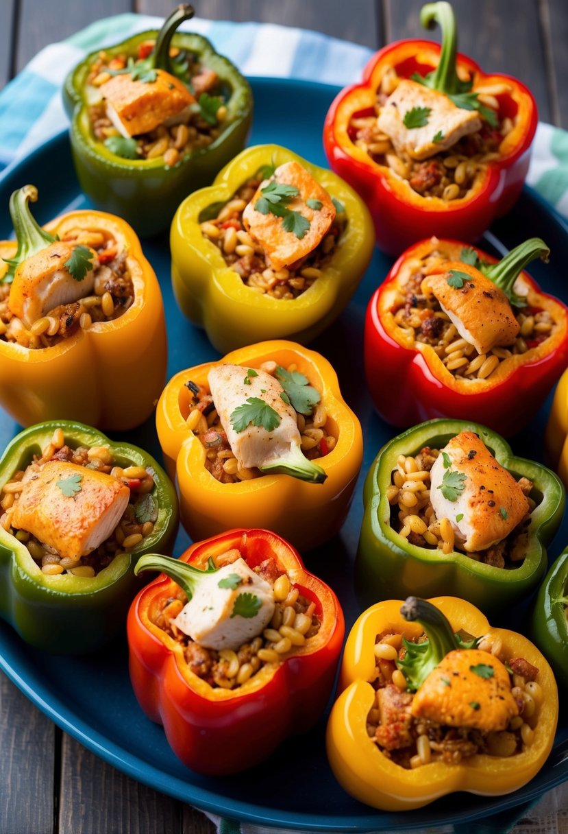 A colorful array of stuffed bell peppers, filled with a mixture of barley, chicken, and fish, arranged on a serving platter