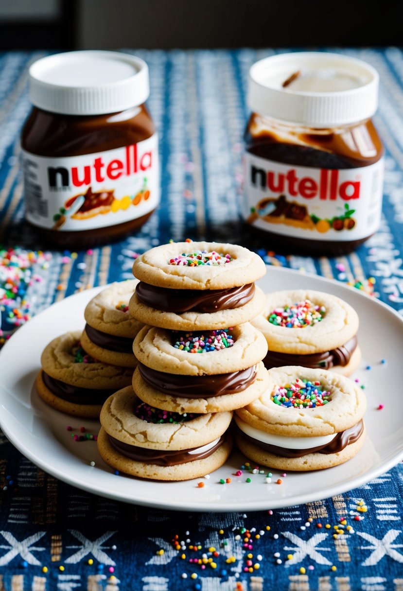 A plate of Nutella-stuffed sugar cookies sits on a patterned tablecloth, surrounded by scattered sprinkles and a jar of Nutella