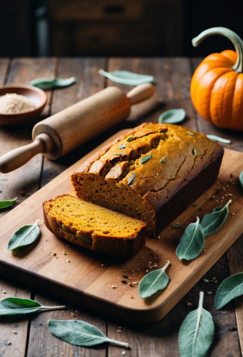 A rustic kitchen scene with a freshly baked pumpkin sage loaf cooling on a wooden cutting board, surrounded by scattered sage leaves and a vintage rolling pin