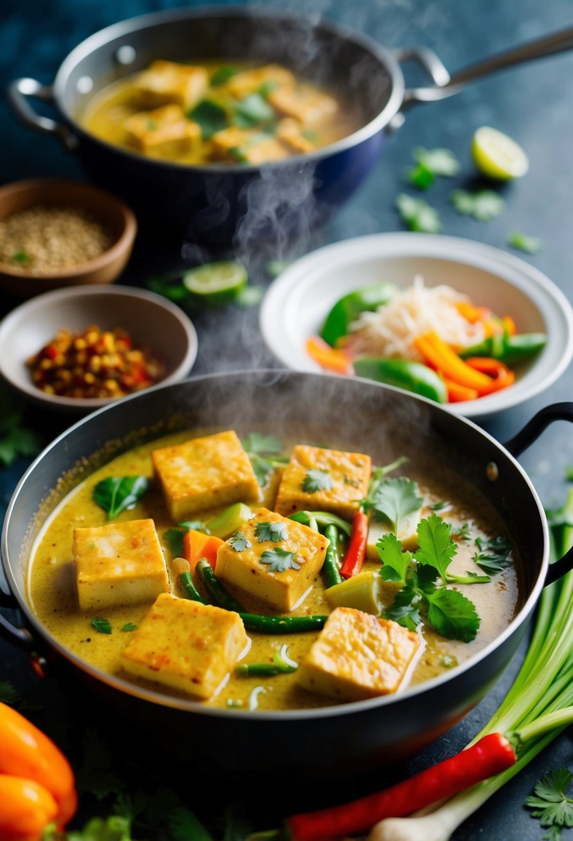 A steaming pot of Thai coconut curry with tofu, surrounded by colorful vegetables and aromatic spices