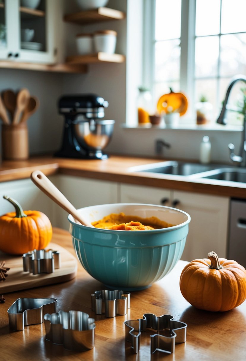 A cozy kitchen with a mixing bowl, pumpkin puree, spices, and cookie cutters on a wooden table