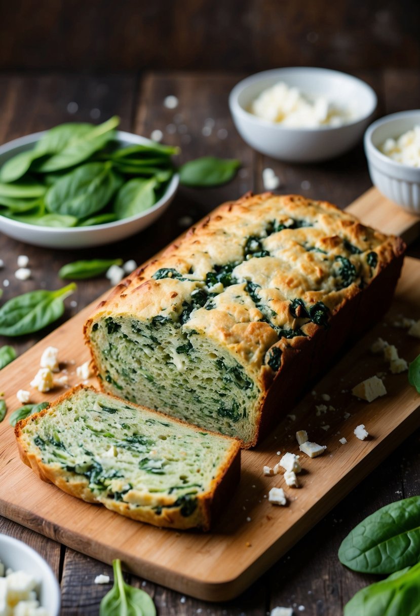 A rustic kitchen scene with a freshly baked loaf of spinach feta bread cooling on a wooden cutting board, surrounded by scattered ingredients like spinach leaves and crumbled feta cheese