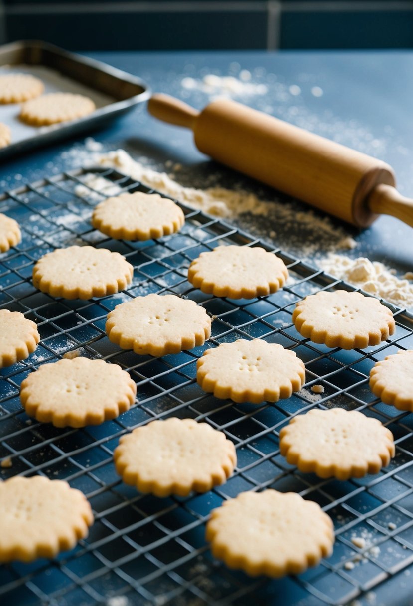 A kitchen counter with a tray of freshly baked shortbread cookies cooling on a wire rack, surrounded by scattered flour and a rolling pin