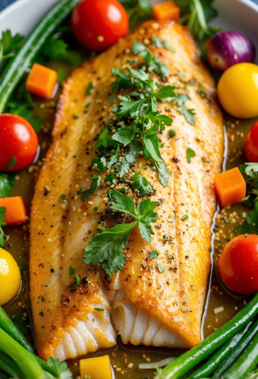 A golden-brown tilapia fillet topped with fresh herbs, surrounded by colorful vegetables and a sprinkle of seasoning