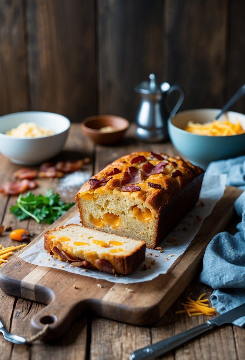 A rustic kitchen scene with a wooden table holding a freshly baked bacon and cheese quick bread loaf, surrounded by scattered ingredients and utensils