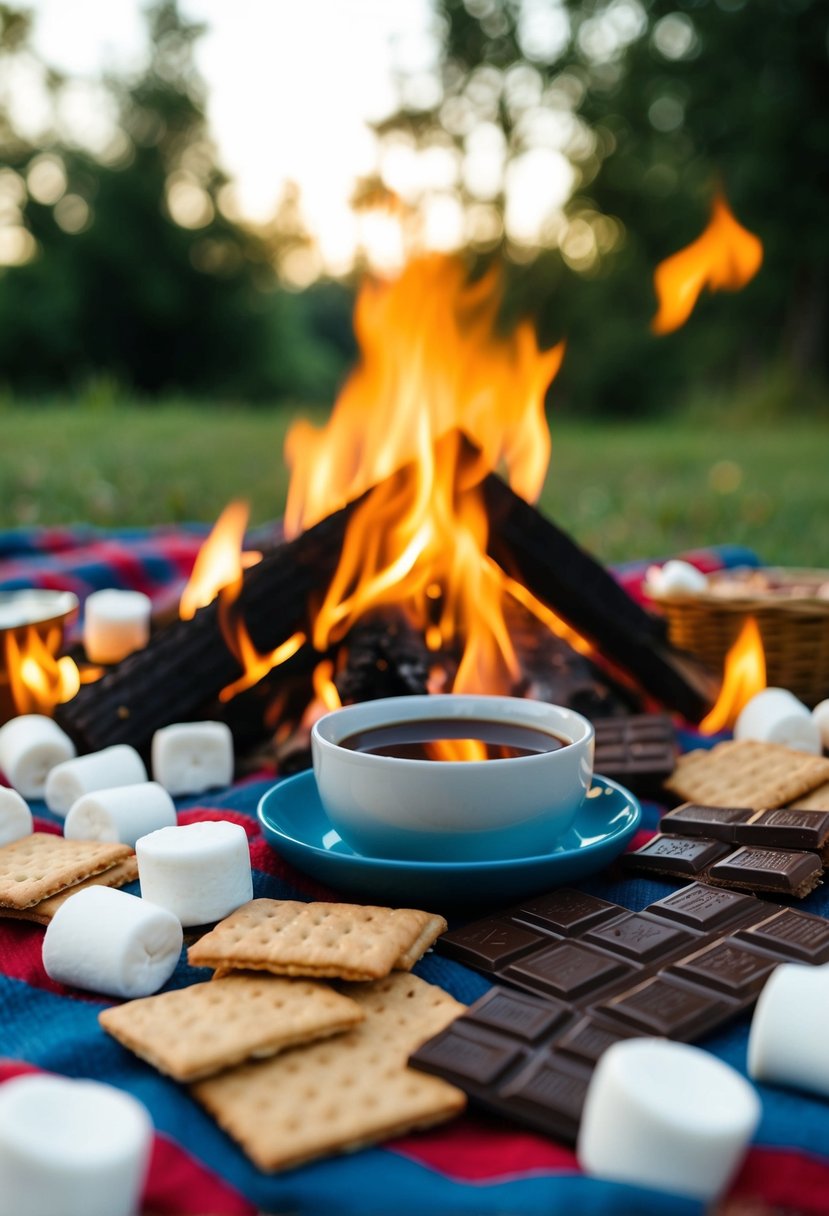 A cozy campfire with marshmallows, graham crackers, and chocolate spread out on a picnic blanket