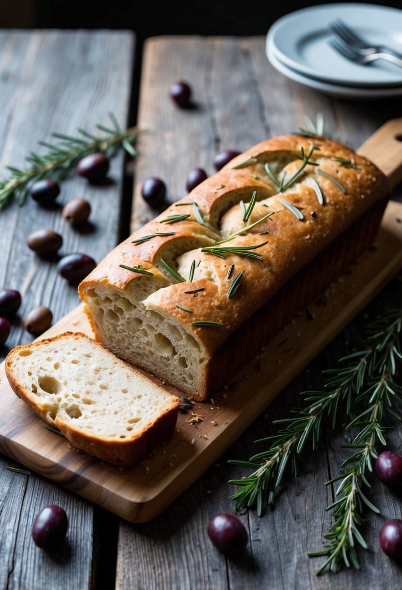 A rustic wooden table with a freshly baked loaf of Mediterranean olive bread surrounded by scattered olives and sprigs of rosemary