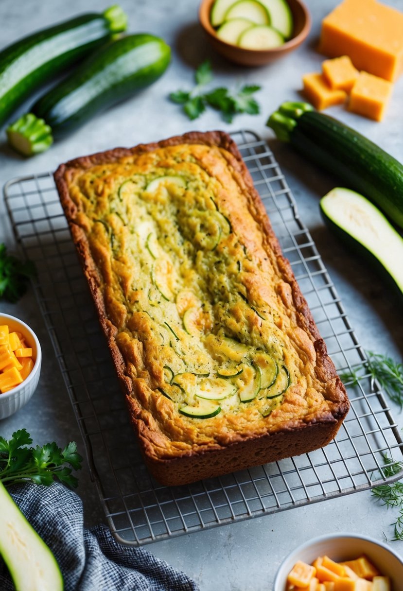 A rustic kitchen scene with a freshly baked zucchini cheddar loaf cooling on a wire rack, surrounded by ingredients like zucchinis, cheddar cheese, and herbs