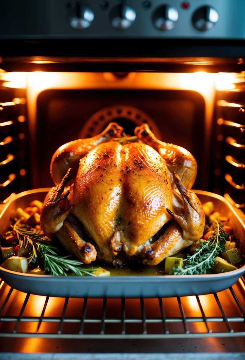 A whole chicken roasting in a hot oven, surrounded by aromatic herbs and vegetables