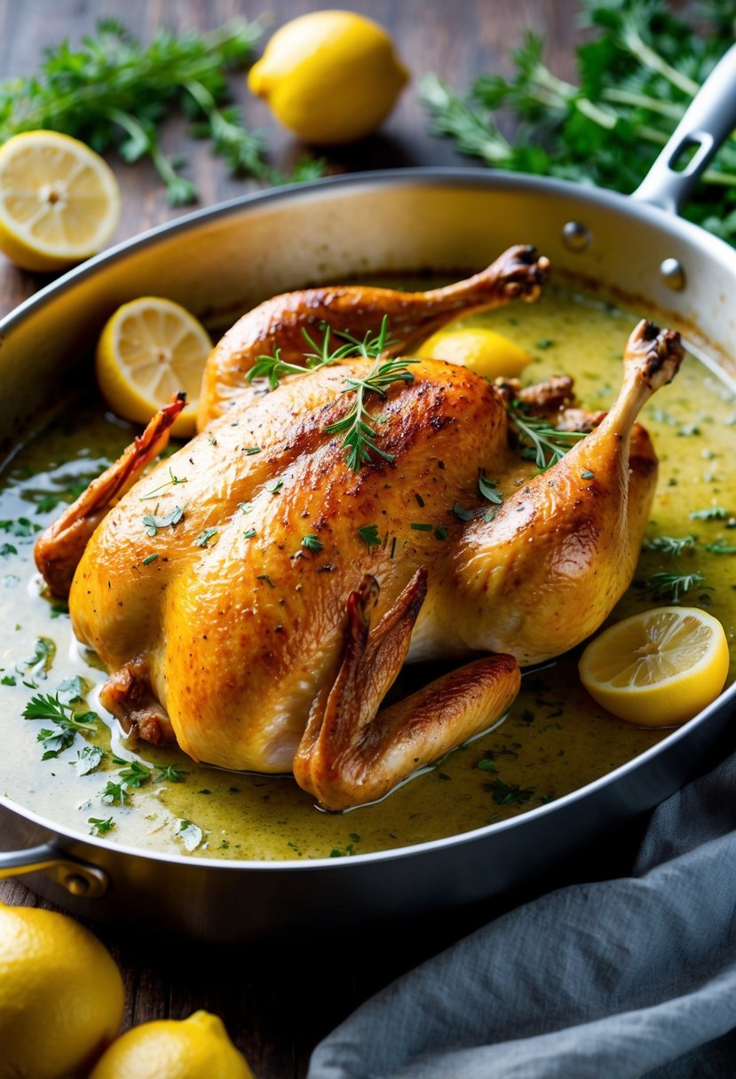 A golden-brown roast chicken, surrounded by fresh herbs and lemons, sizzling in a buttery, herb-infused sauce in a roasting pan