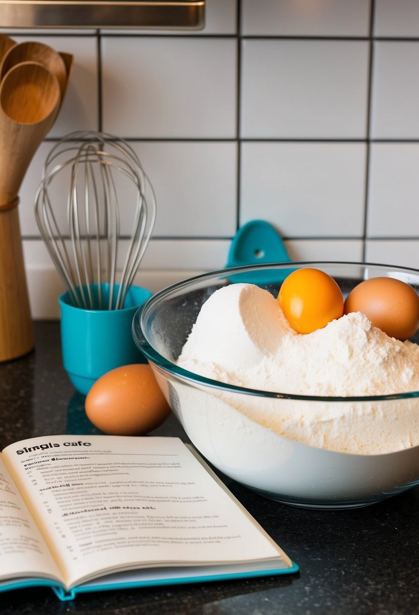 A mixing bowl filled with flour, sugar, and eggs sits on a kitchen counter next to a whisk and measuring cups. A recipe book is open to a page with simple cake instructions