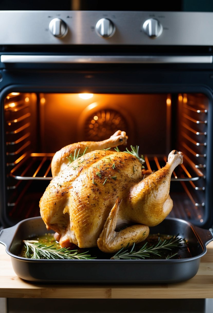 A whole chicken seasoned with garlic and rosemary, placed on a roasting pan in front of an open oven