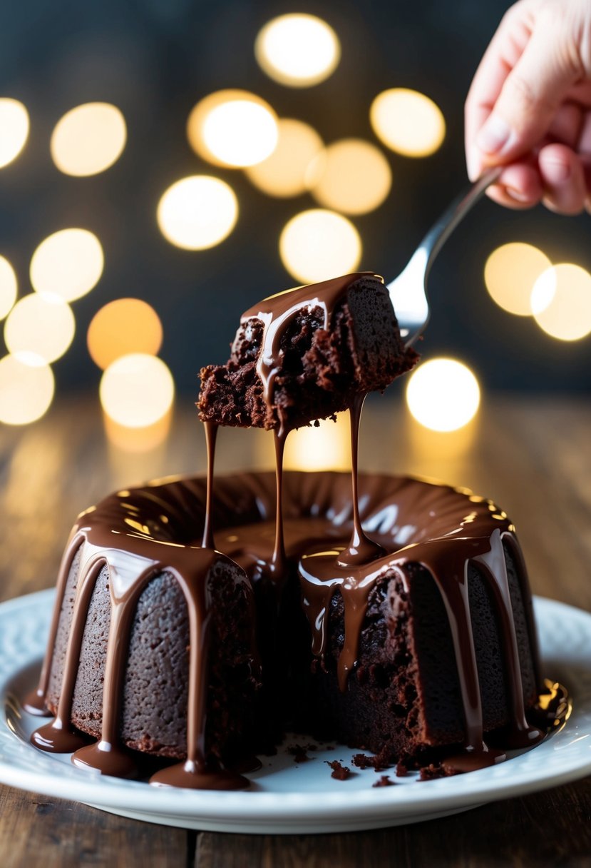 A chocolate lava cake being pulled apart, oozing with warm, molten chocolate