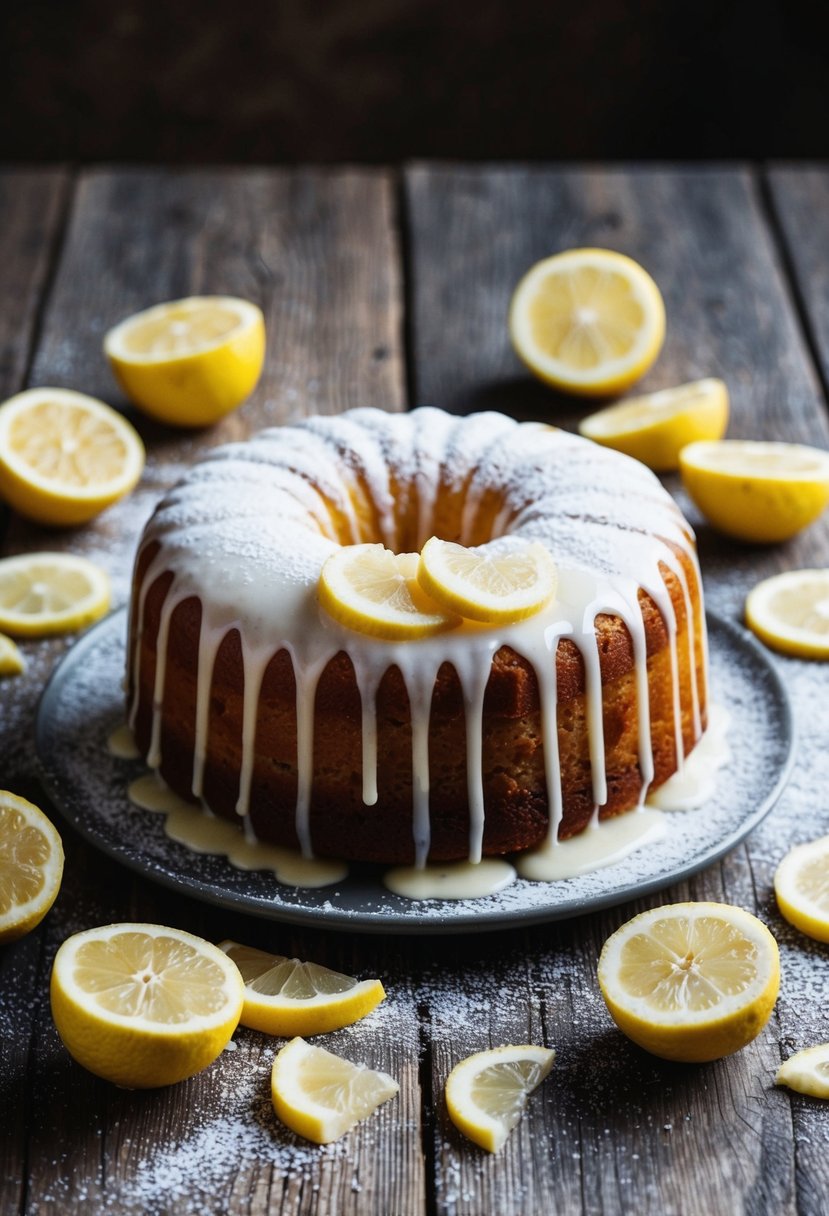 A fresh lemon drizzle cake sits on a rustic wooden table, surrounded by scattered lemon slices and a dusting of powdered sugar