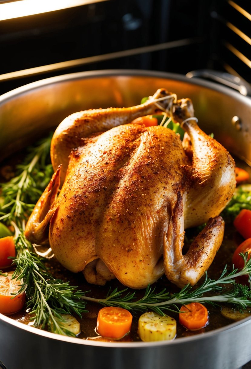 A whole chicken seasoned with spicy Cajun spices, surrounded by fresh herbs and vegetables, roasting in the oven