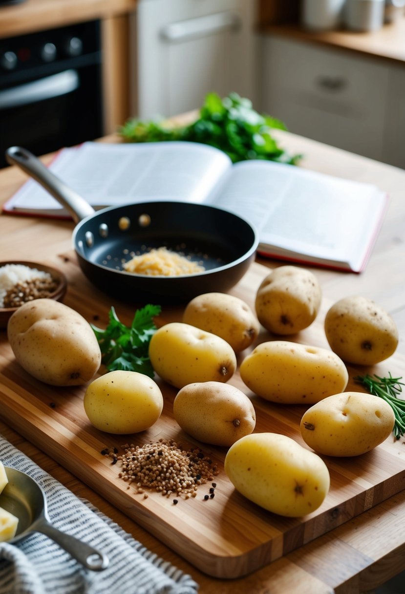 Potatoes and various ingredients arranged on a wooden cutting board with a pan and recipe book nearby