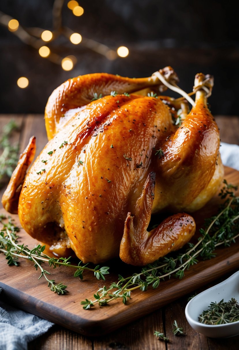 A golden-brown whole chicken, glistening with maple glaze, surrounded by sprigs of fresh thyme, and placed on a rustic wooden cutting board