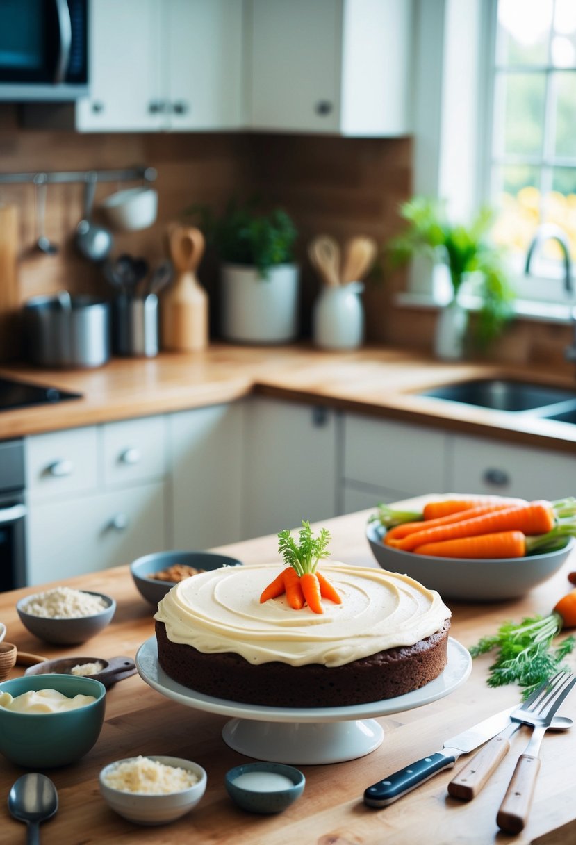 A kitchen counter with a freshly baked carrot cake topped with cream cheese frosting, surrounded by ingredients and utensils