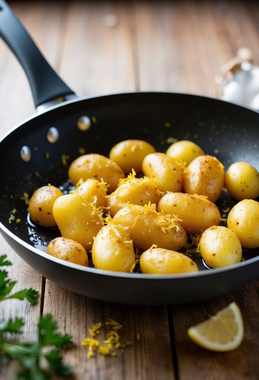 Golden potatoes sizzling in a pan with garlic and lemon zest