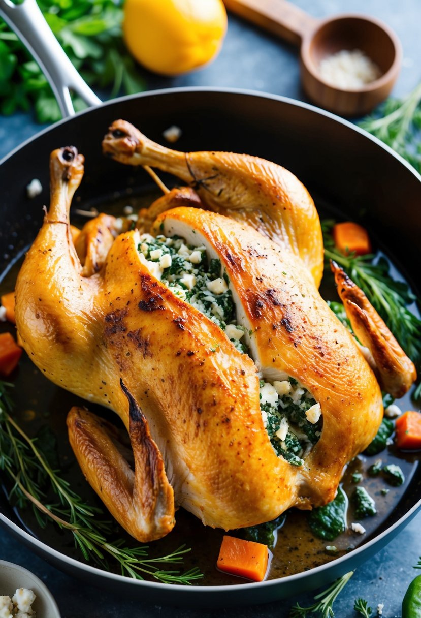 A golden-brown whole chicken, stuffed with spinach and feta, sizzling in a roasting pan surrounded by fresh herbs and vegetables