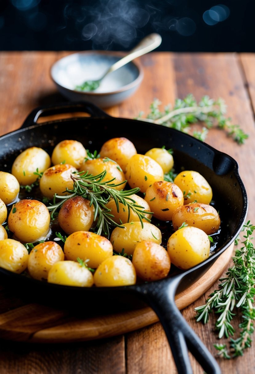 Sizzling skillet with golden-brown potatoes, fresh rosemary, and thyme