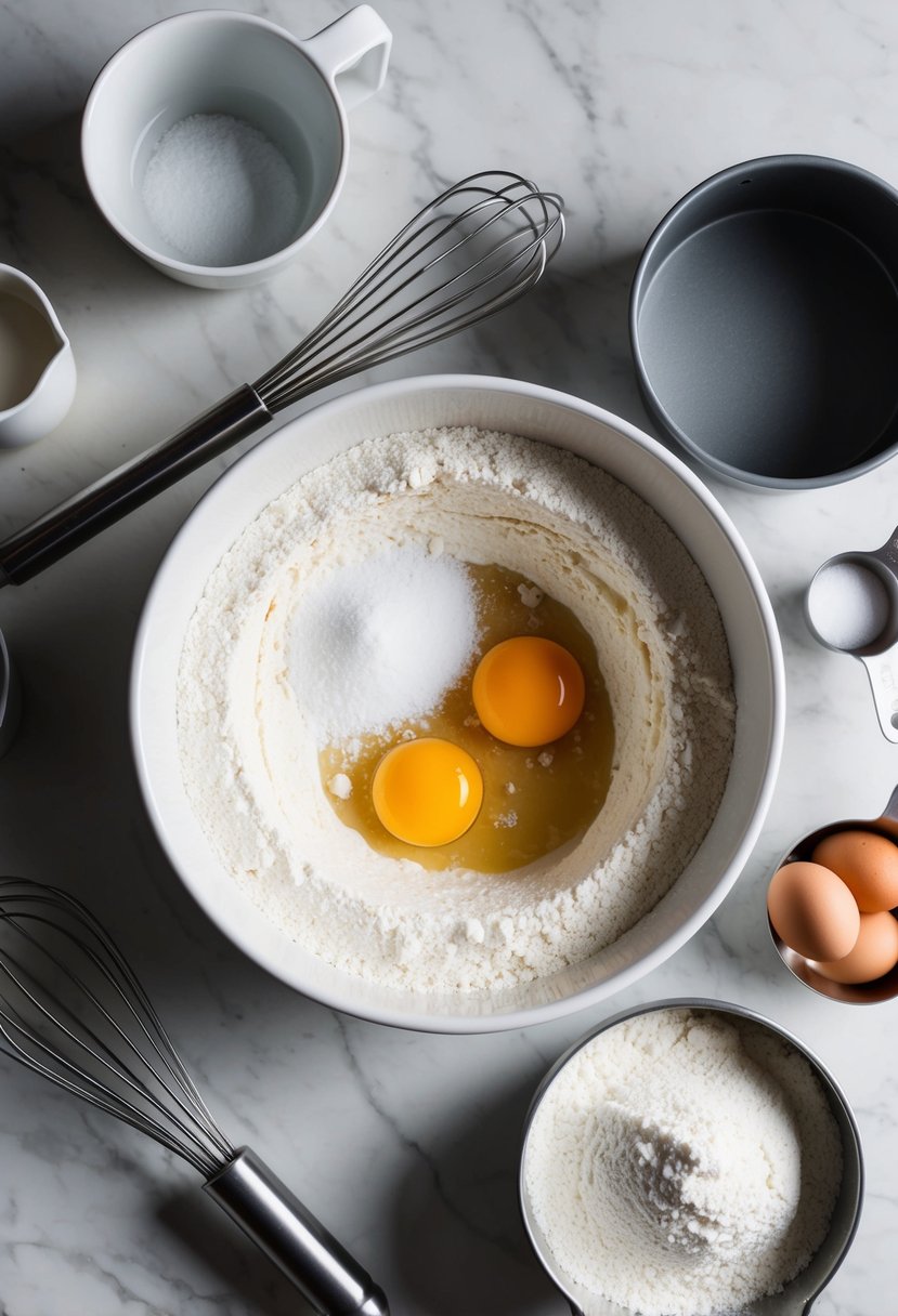 A mixing bowl filled with flour, sugar, and eggs, surrounded by a whisk, measuring cups, and a cake tin