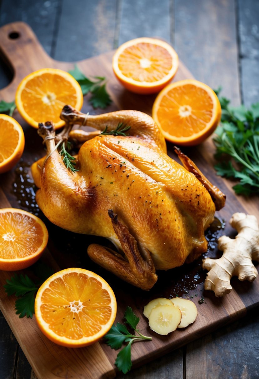 A golden roast chicken surrounded by halved oranges and fresh ginger on a rustic wooden cutting board