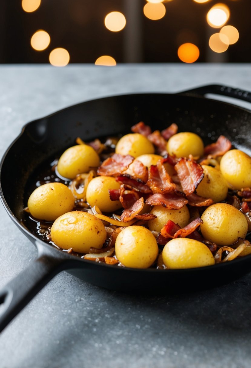 Sizzling skillet with golden potatoes, crispy bacon, and caramelized onions