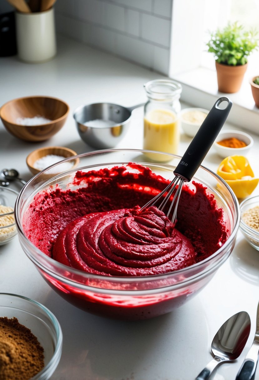 A mixing bowl filled with red velvet cake batter, surrounded by ingredients and kitchen utensils on a clean countertop