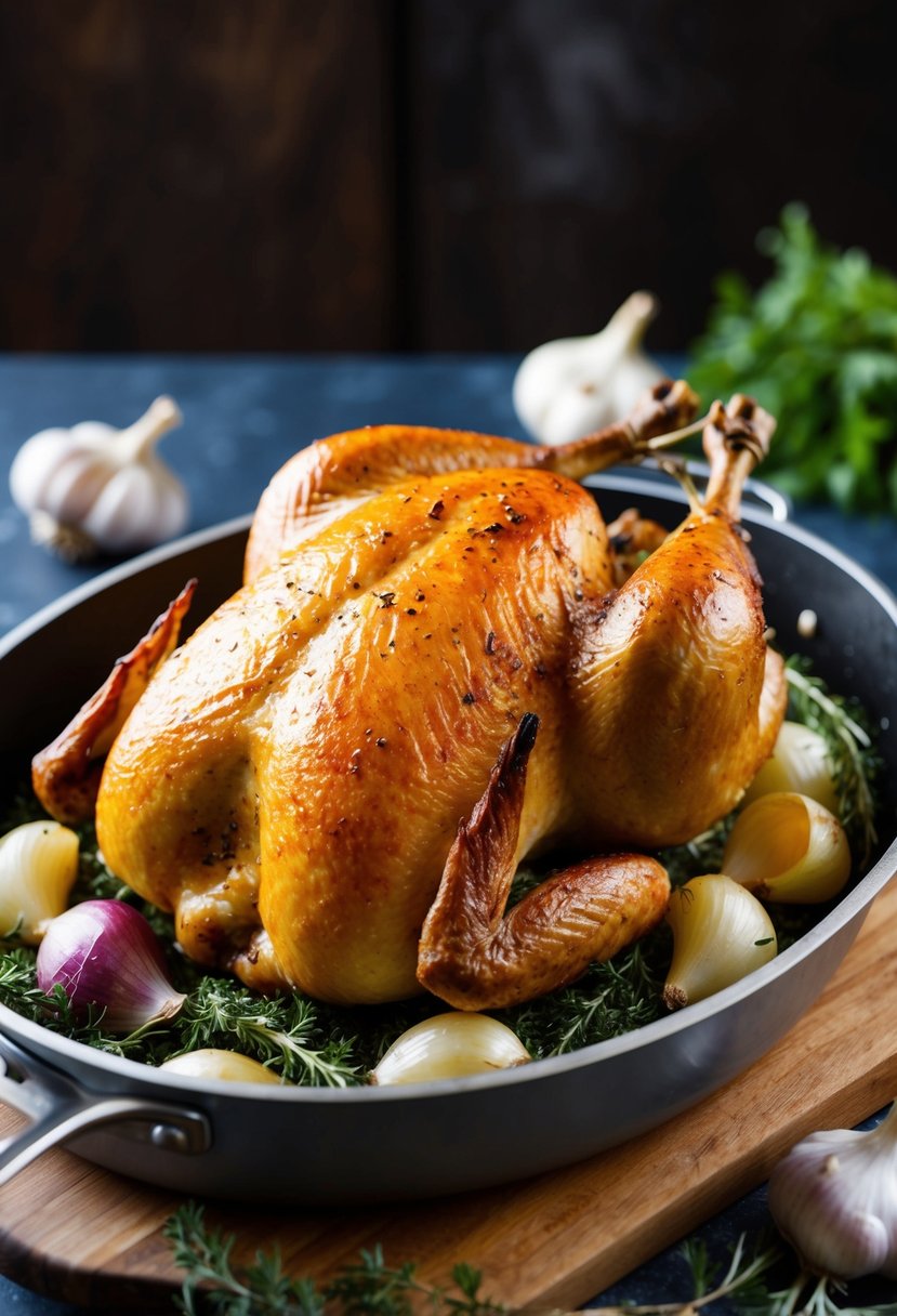 A golden brown roast chicken surrounded by whole garlic cloves and onions, sitting on a bed of fresh herbs in a roasting pan