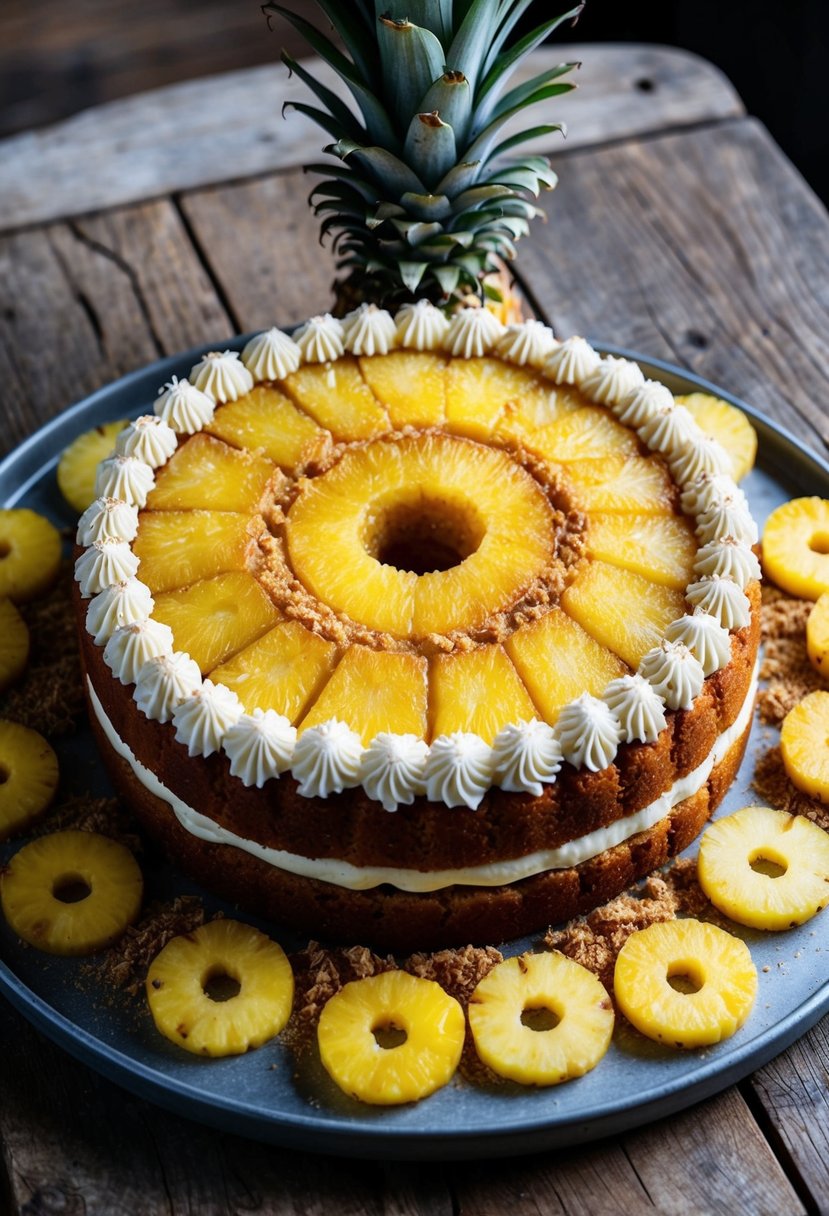 A pineapple upside-down cake sits on a rustic wooden table, surrounded by fresh pineapple slices and a sprinkle of brown sugar