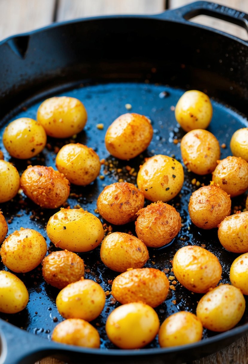 A cast iron skillet sizzles with golden brown potatoes seasoned with spicy paprika