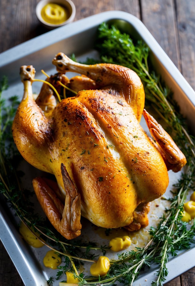 A golden-brown whole chicken surrounded by rustic herbs and mustard, fresh from the oven