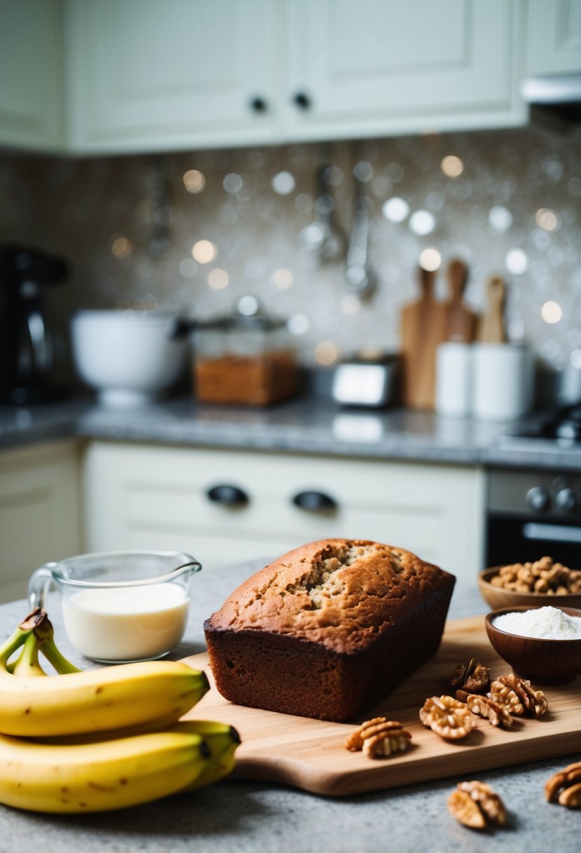 A kitchen counter with ingredients for banana bread and walnuts