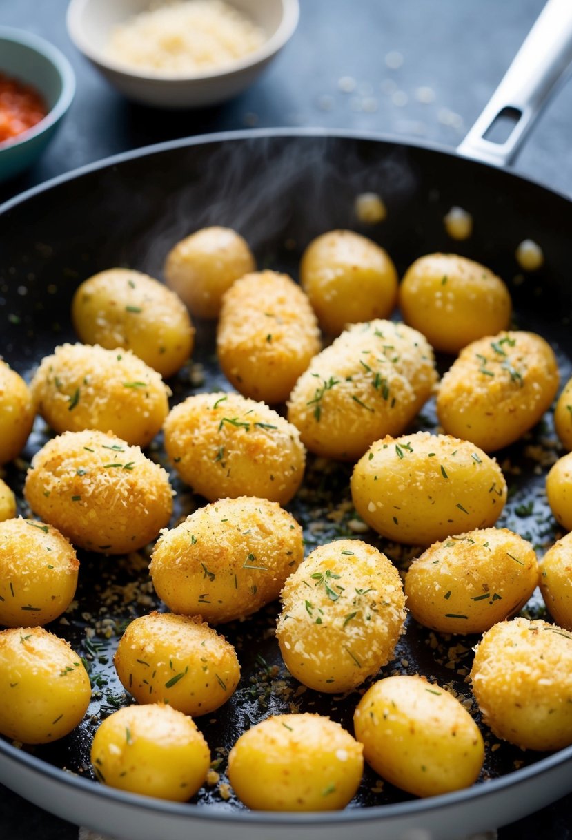 Golden potatoes coated in herbed Parmesan crust sizzle in a pan